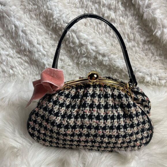 Glenda Gies mini Satchel black,ivory ,pink & gold fabr black strap gold frame. - Picture 1 of 16